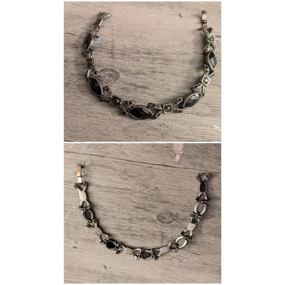 Gunmetal Black Onyx Style Marquise Link Bracelet Smoky Rhinestone Goth Victorian